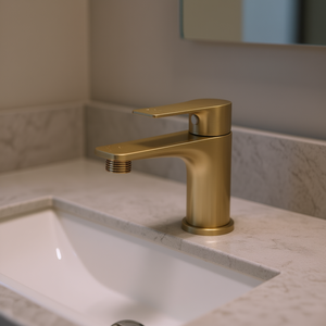 Grifo Monomando para Lavabo, Acabado Dorado Cepillado, Válvula de Cerámica, Diseño Moderno de un Solo Orificio para Baño - Product Image 2