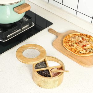 Bamboo <b>storage</b> <b>box</b> with multi-compartment rotating lid, wooden kitchen seasoning jar, portable outdoor condiment bottle. - Product Image 3