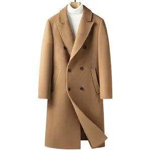 Manteau d'hiver en laine pour hommes, trench-coat à double boutonnage long sur le genou Manteau coréen mince en laine pour hommes