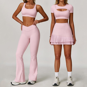 2025 yeni kadın Hollow sütyen spor giyim spor Fitness egzersiz Yoga kırpma üst V kesim alevlendi geniş bacak pantolon 7 parça Yoga setleri - Product Image 1