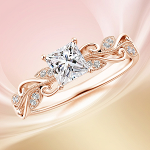 Bague de fiançailles en diamant de laboratoire taille princesse certifiée IGI, style vintage, motif feuille de vigne inspiré de la nature, pour anniversaire de mariage - Product Image 1