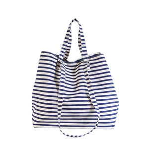 Larger Capacity Canvas <b>Beach</b> <b>Bag</b> With Stripe Reusable Cotton Shopping Handbag Ladies Tote <b>Bags</b> - Product Image 5
