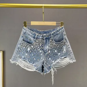 Wide-Leg Damen Denim Shorts Sommer Neue Shorts mit hoher Taille, lose und abnehmende exquisite Strass Hot Pants weiblich