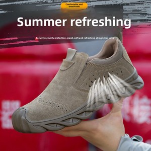 Zapatos de seguridad de verano de caña baja para soldadores, transpirables, de piel de vacuno, con puntera de acero, antichoque, antiescaldaduras, antichispas, sin cordones - Product Image 4
