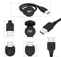 Connecteur USB 2.0 femelle étanche IP65 à montage sur panneau, 5 broches, contacts en cuivre plaqué or, cache-poussière, boîtier en nylon, 500V AC