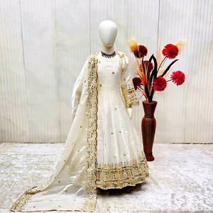 White Traditional Indian Pakistani Girls' Silk Micro Cotton Anarkali Suit Embroidered Dupatta Floor-Length Wedding Wear Quick - Product Image 1