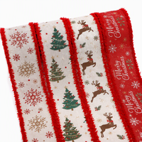 Ruban de Noël E-magic, ruban de Noël en toile de jute, ruban filé, bord effiloché rouge, motif arbre, bonhomme de neige, renne pour emballage cadeau