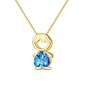 Cute Boy Heart Necklace Zircon Blue Crystal Necklace 18K Gold Plated Necklace Jewelry