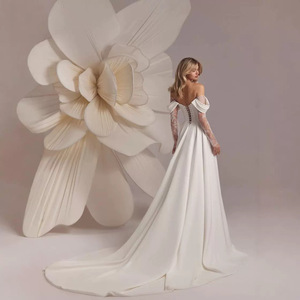 Off Shoulder Train Wedding Dress Empire Waist Sheath Style White Long Gown Simple Fashion Spring Design - Product Image 4