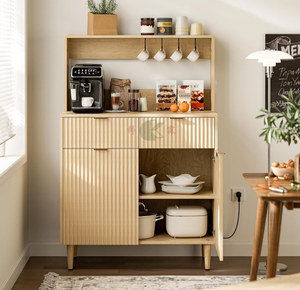 Armoire moderne avec rangements, tiroirs, étagères et prise intégrée, finition naturelle pour salle à manger et salon - Product Image 2