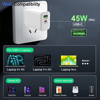 Chargeur GaN 45W avec prise AU, USB C PD, charge rapide, 2 ports USB A/C, adaptateur secteur mural avec indicateur LED pour téléphone, tablette, MacBook