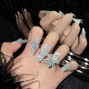 Faux <span class=keywords><strong>ongles</strong></span> à presser faits main, effet papillon en jade vert, œil de chat effet slush, super brillants, féeriques, pour filles - Product Image 2