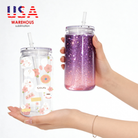 Botol Mason Plastik USA RTS 50 Pack dengan Tutup dan Sedotan, Dapat Digunakan Kembali, Dinding Ganda, Model Bola Salju, Transparan, dengan Lubang yang Sudah Dibuat