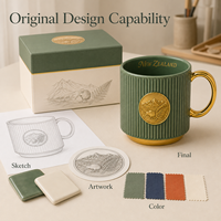 Souvenir de voyage de Nouvelle-Zélande, tasse en céramique cuivrée, médaillon doré en relief, tasse à café personnalisée avec un monument de la ville, OEM ODM en gros