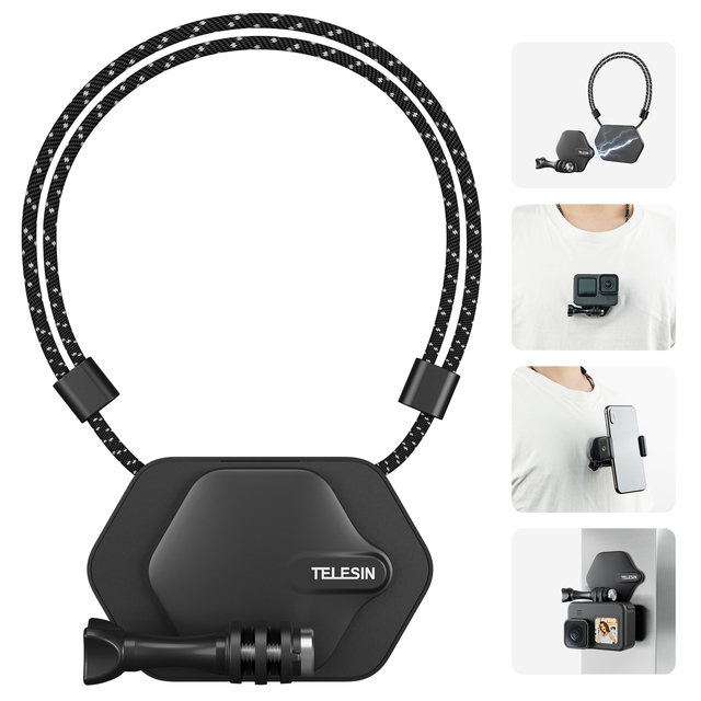 TELESIN Magnetic Chest Mount with Neck Strap, 360 POV Invisible Selfie Necklace Mounting Accessories for Action Cameras