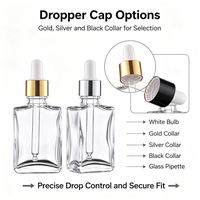 Flacon compte-gouttes carré en verre épais pour huiles essentielles et sérums, 30ml 50ml 100ml, avec bouchon compte-gouttes doré, argenté ou noir, logo personnalisé sérigraphié