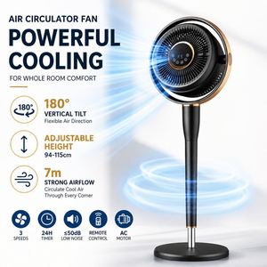180 °   Ventilateur de circulation d'air à inclinaison verticale, hauteur réglable 60 °   Ventilateur sur pied oscillant avec télécommande, minuterie 24h, CE RoHS - Product Image 2