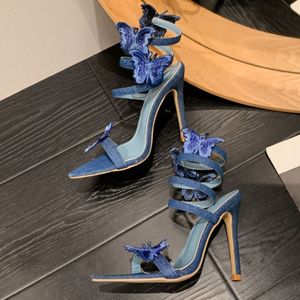 Denim Blue Snake Female Party <b>Shoes</b> Ankle Wrap Around Heels for Women - Product Image 4