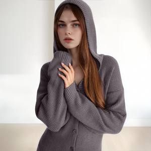 Fornitore OEM Set Due Pezzi Personalizzato per <span class=keywords><strong>Donna</strong></span>: Cardigan con Cappuccio in <span class=keywords><strong>Maglia</strong></span> a Coste e Pantaloni a Gamba Larga - Product Image 3
