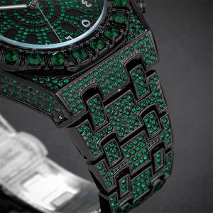 Hoge Kwaliteit Zwart Metaal Kleur Lichtgevende Waterdichte Kalender Met Volledig Groene Strass Arabische Schaal Hiphop Heren Quartz Horloge - Product Image 5