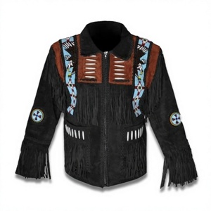 NABTAY SPORTS <b>Men's</b> Black <b>Suede</b> Fringe Cowboy <b>Jacket</b> Beaded Embroidery Breathable Long Length Zipper Closure Casual Winter Wear - Product Image 1