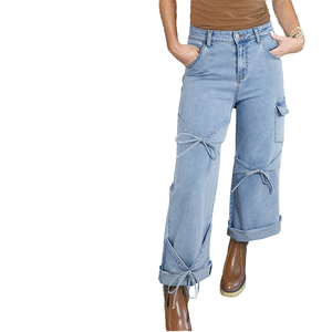 Taille haute évasé Denim jean pour femmes Simple décontracté Cargo Style nœud papillon bouton solide léger lavé pour printemps automne en gros - Product Image 4