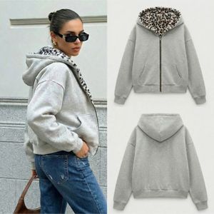 Felpa con Cappuccio Reversibile a Doppio Strato con Cerniera, Stampa Leopardata, 100% Cotone, per Uomo e Donna, Stagione Invernale - Product Image 1