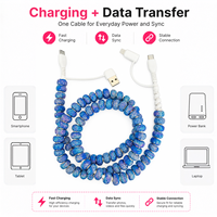 Kabel Charger HP 4 in 1 Biru Berhias Rhinestone, USB Type C, Kabel Multi Charging Berkilau Kristal, Kabel Transfer Data