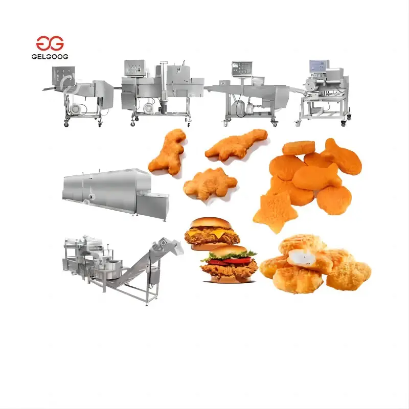Linha de produção comercial de hambúrgueres de nuggets de frango totalmente automática em aço inoxidável para venda