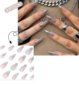 24 <span class=keywords><strong>Uñas</strong></span> Postizas Acrílicas Minimalistas Francesas en 3D, Color Plateado, Forma de Almendra Corta, <span class=keywords><strong>Uñas</strong></span> Artificiales, <span class=keywords><strong>Uñas</strong></span> Postizas 3326 - Product Image 6