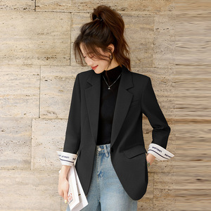 Women's Blazer Spring Autumn 2025 Coffee Color Solid Splicing Anti-Wrinkle Polyester Worst Fabric Professional Commuting Top - Product Image 4