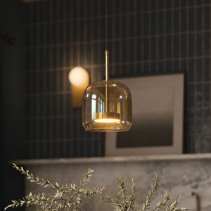 Lampe suspendue en verre design en forme de dôme, abat-jour ambré, en laiton, pour chambre de villa - Product Image 2