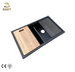 Fregadero de cocina de cuarzo negro hecho a mano de fábrica de Vietnam, cuenco individual con grifo y escurridor, diseño moderno, estación de trabajo Popular - Product Image 1