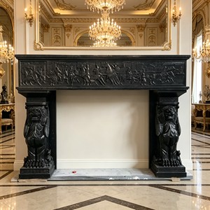 Cheminée autoportante européenne en marbre noir avec manteau de foyer en pierre et têtes de lions à la française pour salon - Product Image 1