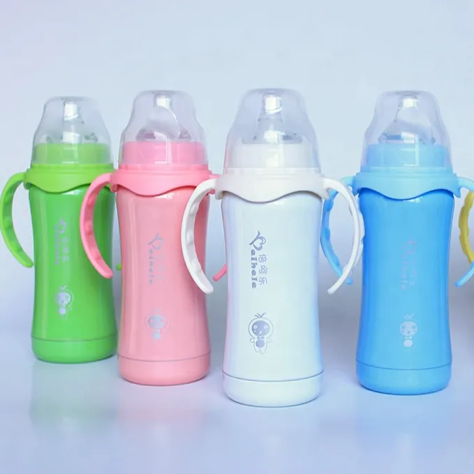 BPA ücretsiz özel paslanmaz çelik yalıtımlı çocuklar su şişeleri biberon silikon meme