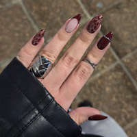 24 faux ongles à presser, forme amande, bordeaux, imprimé léopard, French manucure, motif ligne argentée, vente en gros, dropshipping