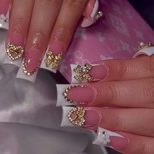 24 <span class=keywords><strong>Uñas</strong></span> Postizas de Plástico con Diseño de Flores Francesas, <span class=keywords><strong>Uñas</strong></span> Artificiales Cortas con Pegamento, Estilo Dulce y Lindo con Diamantes Rotos - Product Image 1