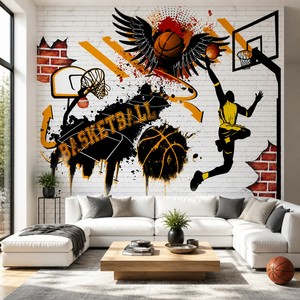 Peinture murale personnalisée sur toile à l'huile, motif graffiti de basket-ball, joueur en action, art urbain, pour salon, chambre d'adolescent, salle de sport - Product Image 1