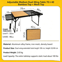 Table pliante portable à double aile avec plateau imitation bois et panneau en maille, idéale pour le camping, la pêche, la plage, les barbecues et les terrasses.