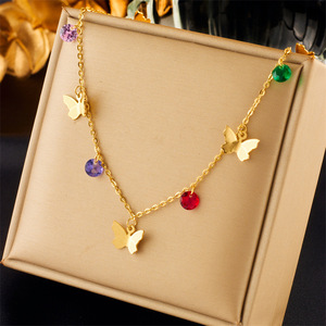Butterfly Pendant Necklace Gold Color Faceted Beads Titanium Steel Chain Daily Wear Gift Jewelry - Product Image 1