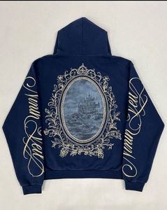 Sweat à capuche zippé doublé pour homme, coupe oversize, motif imprimé Jakis Christ the Ninth Veil Script, style streetwear gothique, bleu marine - Product Image 1