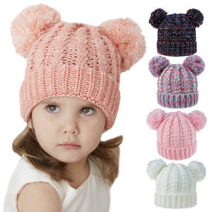 <span class=keywords><strong>Bonnet</strong></span> d'hiver pour enfants, en tricot épais et doux, à deux tons, à revers à carreaux, avec double <span class=keywords><strong>pompon</strong></span> et oreilles - Product Image 3