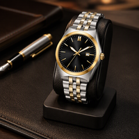 Jam Tangan Kuarsa Klasik Fashion Pria 28Mm 3 Jarum Tanggal Penanda Tangan Bercahaya Dial Kaca Baja Tahan Karat Dua Warna Hitam