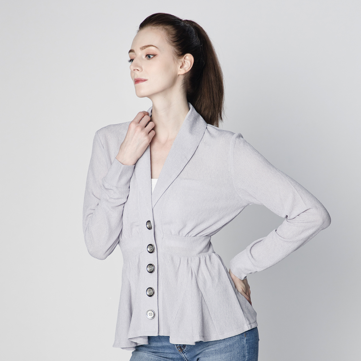 LADIES CASUAL FASHION REVERSE COLLAR FRONT RUFFLE BUTTON OPEN LONG SLEEVE BLOUSE SHIRT  21099 