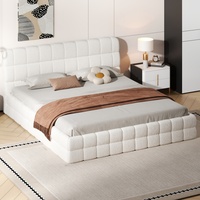 Lit plateforme moderne en tissu blanc avec tête de lit capitonnée et sommier à lattes, 10 lattes en bois pour chambre à coucher