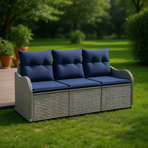 Grey Poly Rattan Garden <b>Sofa</b> <b>Set</b> With Cushion 3 Piece Outdoor Furniture Contemporary Style - Product Image 2