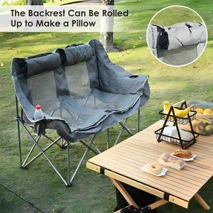 Fauteuil de camping double surdimensionné en fer avec appui-tête enroulable, canapé de camping pliant rembourré avec porte-gobelet et sacs de rangement - Product Image 3
