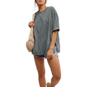 เสื้อยืดคอกลมแขนสั้นทรงโอเวอร์ไซส์สำหรับผู้หญิง สีพื้น ผ้าฝ้าย 100% ทรงหลวม สวมใส่สบาย เหมาะสำหรับฤดูใบไม้ผลิและฤดูร้อน เสื้อถักเนื้อเจอร์ซีย์ - Product Image 1