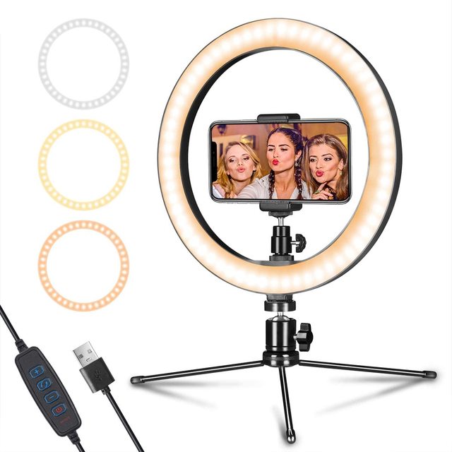 LED Ring Light 10" with Tripod Stand & Phone Holder for Live Streaming & YouTube Video, Dimmable Desk Makeup Ring Light