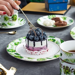 Diseño de planta verde hueso China cerámica cena plato taza platillo taza juego de cubiertos - Product Image 4